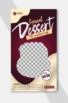 Social media delicious chocolate cake banner post and special dessert cake social media story food vector