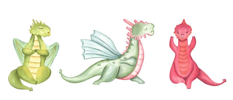 Stylish Dragons sitting in lotus pose and doing yoga. Winged animals meditation. Colored Dragon practicing fitness exercises. Cartoon style. Watercolor illustration for design. png