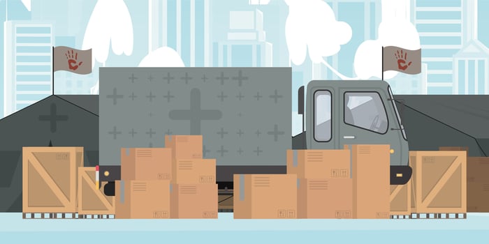 Camp for humanitarian aid. Tents, Boxes and pallets. trendy style. . vector