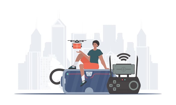 A man controls a drone with a package. The concept of cargo delivery by air. Flat modern design. . vector
