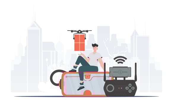 A man controls a drone with a package. The concept of cargo delivery by air. . vector