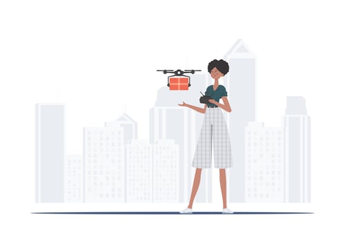 A woman controls a drone with a parcel. Delivery concept. . vector