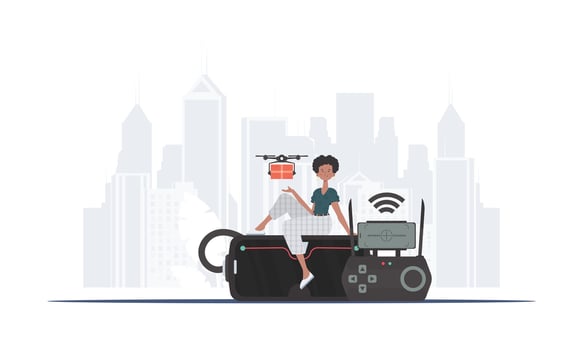 A woman controls a drone with a parcel. The concept of cargo delivery by air. . vector