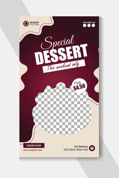 Social media delicious chocolate cake banner post and special dessert cake social media story food vector