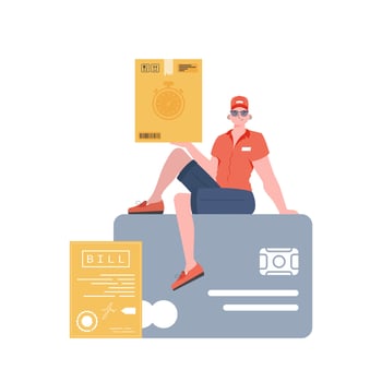 A male courier sits on a bank card and holds a box. Home products. Food delivery. Isolated. trendy style. . vector