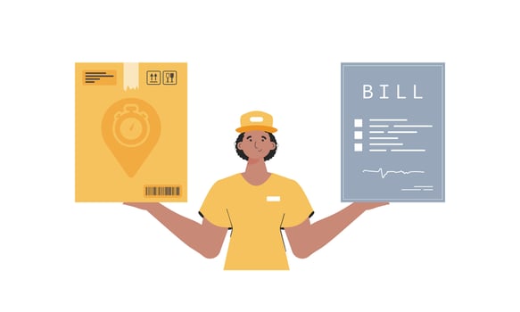 The male courier is holding a box and a check. Delivery concept. Isolated. trendy style. . vector