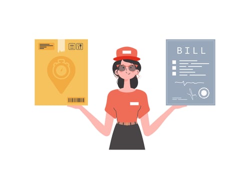 A woman courier is holding a box and a check. Home products. Food delivery. Isolated. Trendy flat style. . vector