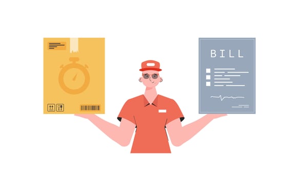 The male courier is holding a box and a check. Home products. Food delivery. Isolated. Trendy flat style. . vector