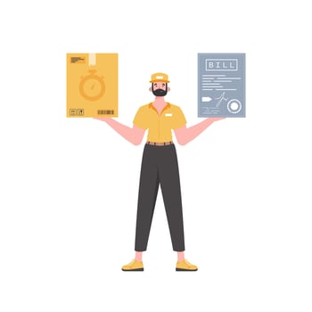 Male courier holds parcel and check. Delivery concept. Isolated. trendy style. . vector