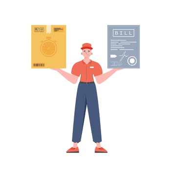 Male courier holds parcel and check. Home products. Food delivery. Isolated. Trendy flat style. . vector