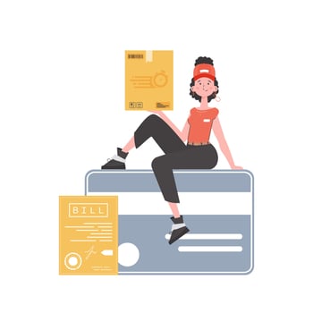 A woman courier sits on a bank card and holds a box. Home delivery concept. Isolated. trendy style. . vector