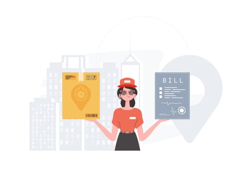 Home delivery concept. Woman courier delivers a parcel and issues an invoice. Trendy flat style. . vector
