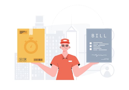 Home delivery concept. Male courier Delivers a parcel and issues an invoice. Trendy flat style. . vector