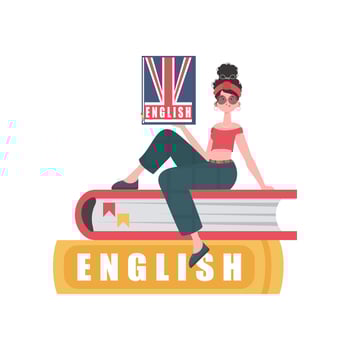 A woman sits on books and holds an English dictionary in her hands. The concept of learning English. Isolated. Trendy cartoon style. . vector