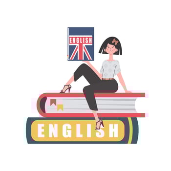 A woman sits on books and holds an English dictionary in her hands. The concept of learning English. Isolated. Flat modern style. . vector