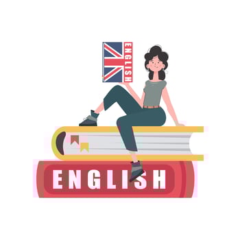 A woman sits on books and holds an English dictionary in her hands. The concept of teaching English. Isolated. trendy style. . vector
