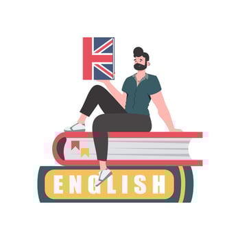 A man sits on books and holds an English dictionary in his hands. The concept of teaching English. Isolated. trendy style. . vector