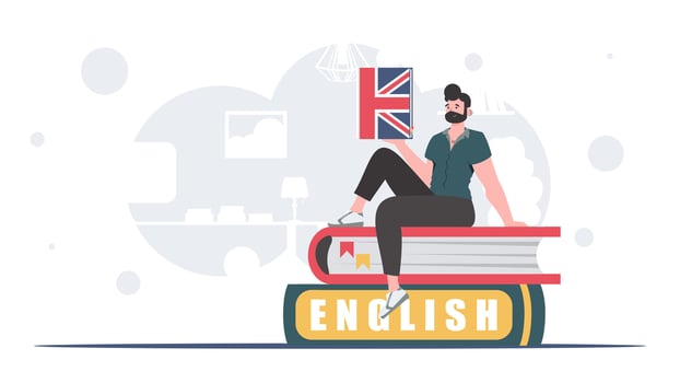 The concept of teaching English. A man sits on books and holds an English dictionary in his hands. trendy style. illustration. vector