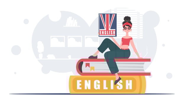 The concept of learning English. A woman sits on books and holds an English dictionary in her hands. trendy style. illustration. vector