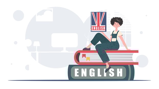 The concept of learning English. A woman sits on books and holds an English dictionary in her hands. trendy style. . vector