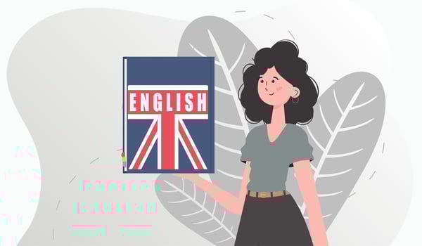 The concept of learning English. A woman holds an English dictionary in her hands. Trendy flat style. . vector