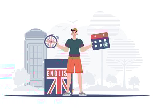 The concept of teaching English. Male teacher shows that it's time to learn English. Trendy cartoon style. illustration. vector