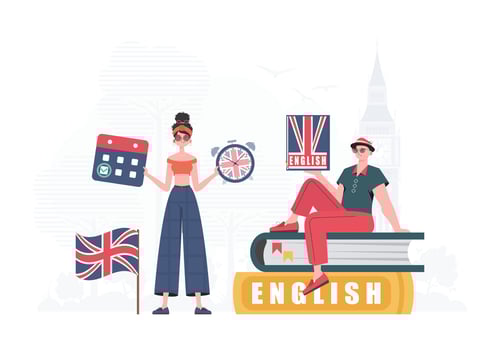 The concept of learning English. Woman and man English teachers. trendy style. . vector