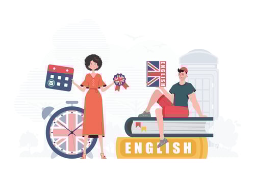The concept of learning English. Woman and man English teachers. Trendy flat style. Vector. vector