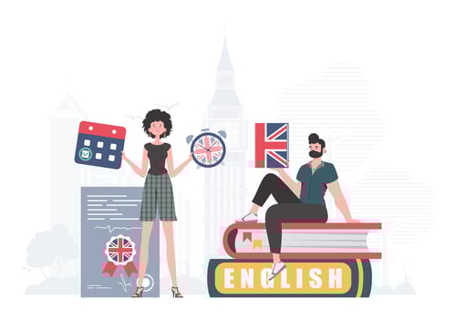 The concept of learning English. Woman and man English teachers. Trendy cartoon style. Illustration in . vector