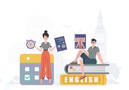 The concept of learning English. Woman and man English teachers. Trendy cartoon style. . vector
