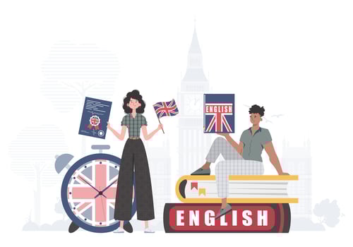 The concept of learning English. Woman and man English teachers. Trendy cartoon style. illustration. vector