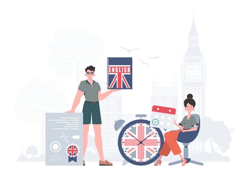 The concept of learning English. Woman and man English teachers. Flat modern style. Illustration in . vector