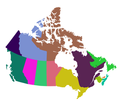 Map of Canada in political regions. Canadian map colorful map. png