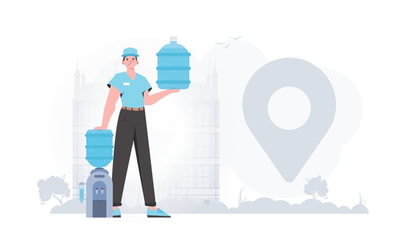 Water delivery concept. The man is holding a large water bottle. The trendy character is depicted in full growth. illustration. vector