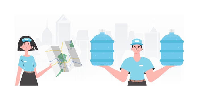 A group of people delivering water. trendy style. . vector