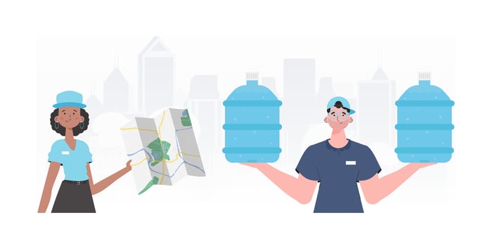 A group of people specializing in the delivery of water. Cartoon trendy style. . vector