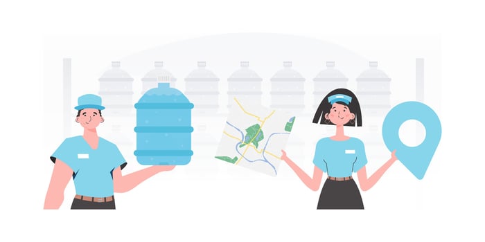 A group of people delivering water. Modern style. . vector