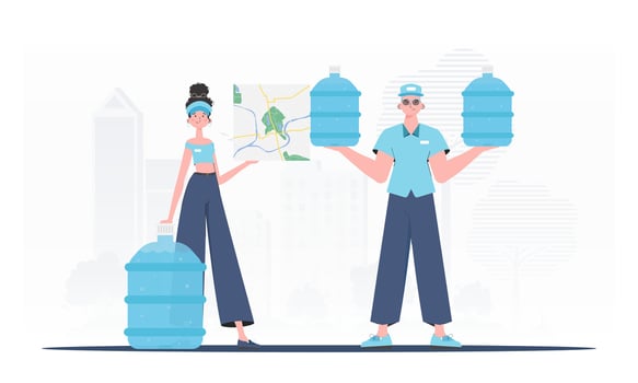 Team specializing in the delivery of water. Cartoon trendy style. . vector