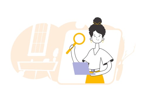 The girl holds a magnifying glass and a laptop in her hands. Job Search Theme. H.R. Linear modern style. vector
