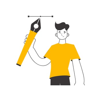 The designer guy holds a pen tool for 2D graphics in his hand. Linear trendy style. Isolated. Previous illustration. vector