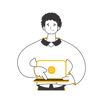 The guy is holding a laptop and pressing play. Linear trendy style. illustration. vector