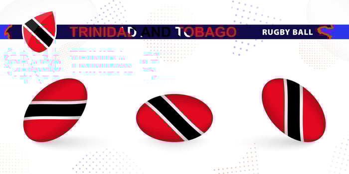 Rugby ball set with the flag of Trinidad and Tobago in various angles on abstract background. vector