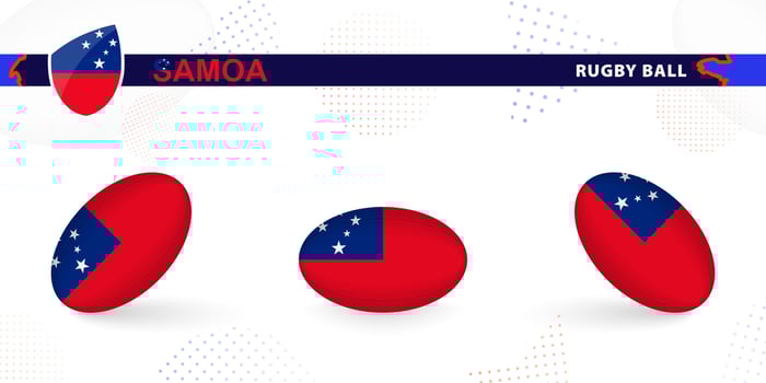 Rugby ball set with the flag of Samoa in various angles on abstract background. vector