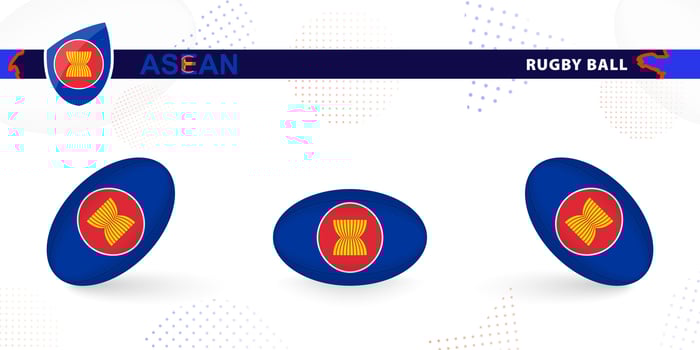 Rugby ball set with the flag of ASEAN in various angles on abstract background. vector