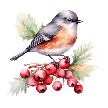 A bird sitting on a branch with red berries below it png