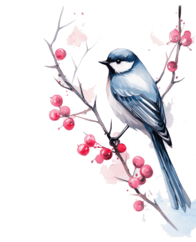 A bird sitting on a branch with red berries below it png