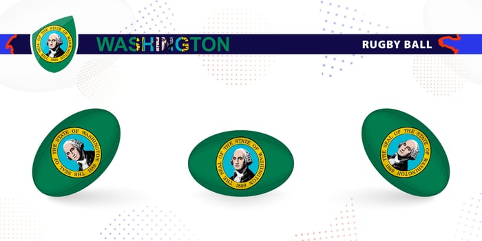 Rugby ball set with the flag of Washington in various angles on abstract background. vector