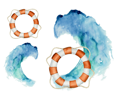 Watercolor lifebuoy and ocean wave illustration set. Nautical life preserver with red white stripes, maritime safety clipart png