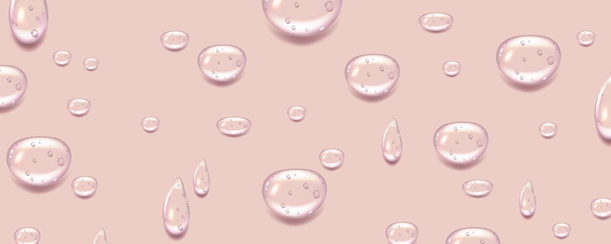 Liquid pink wet drops of gel or collagen.Spilled puddles of cosmetic serum or water. Round clean swatch of essence lotion or jelly for skin care.Beauty background with oil drops. vector