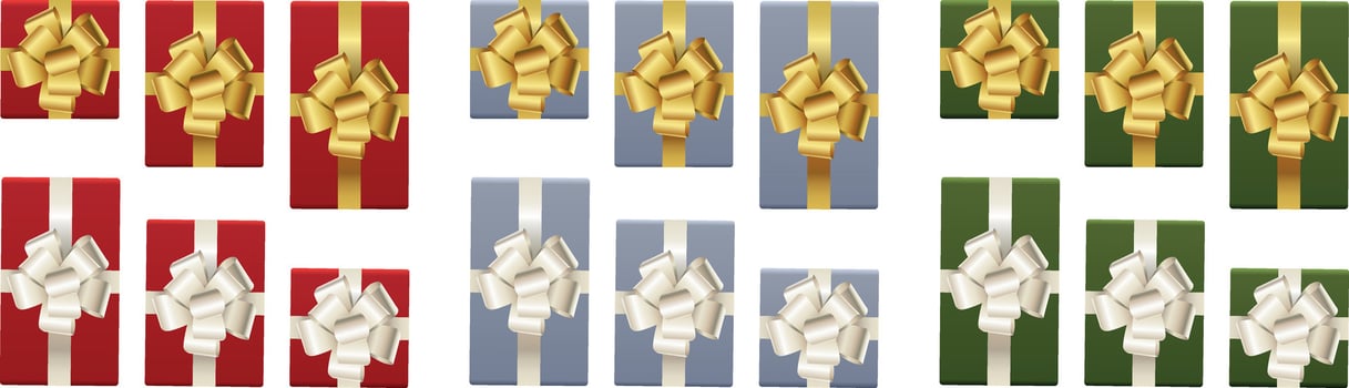 Christmas gifts on different color with gold and silver ribbons isolated on white background vector